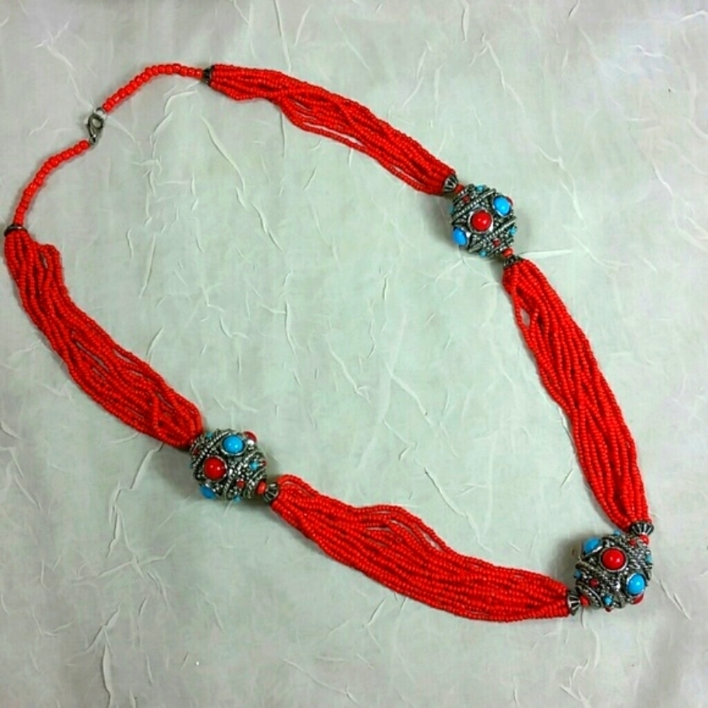 Vintage Red Seed Bead Turquoise Coral Cabochon Statement Necklace Southwestern